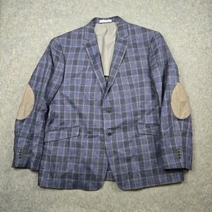 Joseph Abboud Blazer Mens 48R Blue Plaid 100% Linen Sport Elbow Patches Heritage